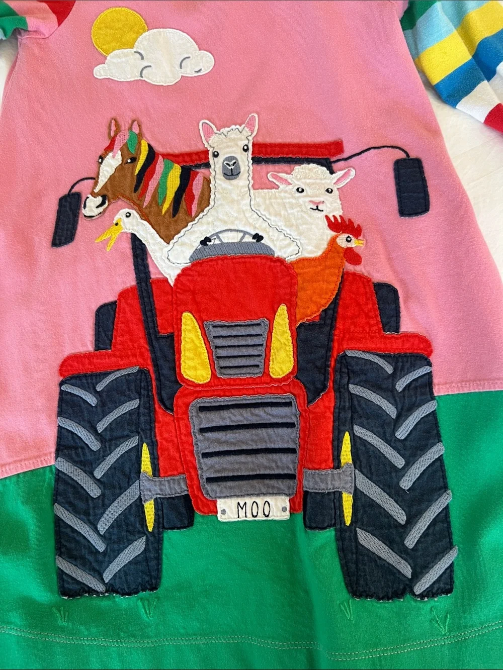 Mini Boden Pink & Green Tractor Farm Animal Appliqué Dress